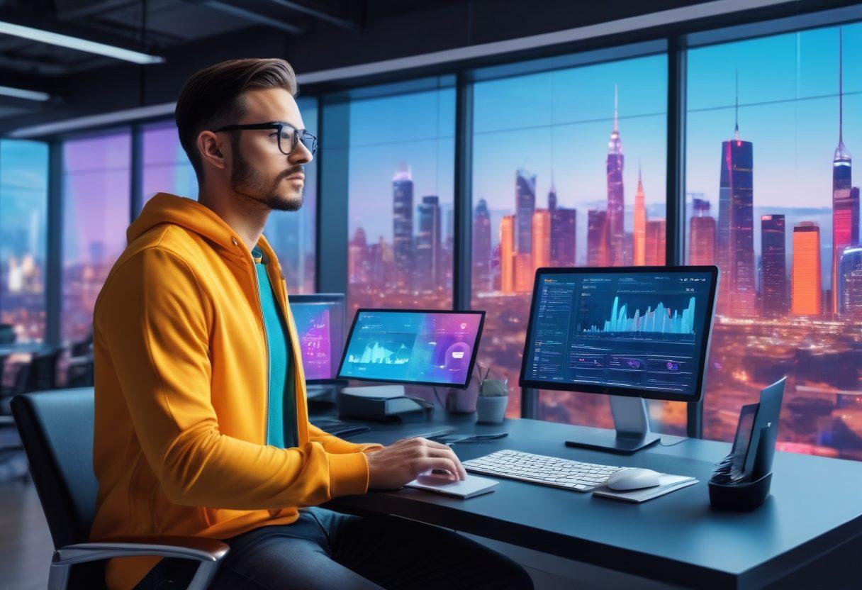 A dynamic and modern office environment with a confident digital marketer dressed in sleek, streetwear-inspired attire (Thugzilla). He is analyzing SEO metrics with holographic displays of websites and graphs surrounding him. Background should include high-tech gadgets and a cityscape through large windows, symbolizing a connected and innovative digital space. futuristic, vibrant colors, digital art.