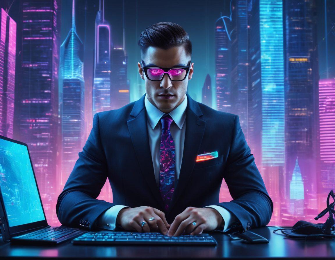 A fierce monster wearing glasses and a business suit, coding on a futuristic computer, surrounded by vibrant holographic graphs and marketing icons like social media, SEO, and web design. Sleek skyscrapers and digital networks in the backdrop symbolize a modern tech city. cyberpunk. vibrant colors. high-tech atmosphere.