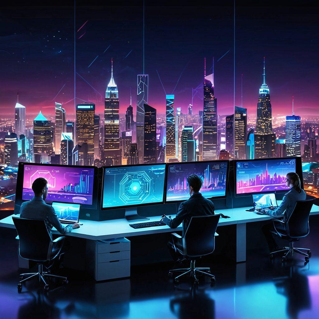 An illustration of a sleek, futuristic control center where creative experts are working on large holographic screens showcasing different stages of web design and maintenance. The background features a vibrant city skyline at night, symbolizing Thugzilla's comprehensive and professional services. vector art. vibrant colors.